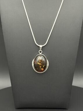 Genuine Sun-Spangled Amber Sterling Silver Pendant Necklace, 925